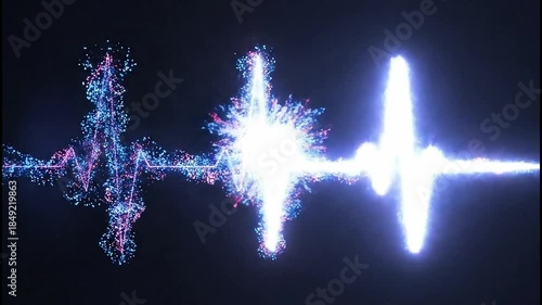 Animated heart made of particle pulsing with glowing electrocardiogram turns into an explosion of light. Visual for medical healthcare and techno romance.Valentine's Day, February 14th, wedding, 