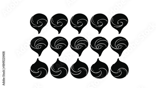 Black speech bubbles with white swirling patterns on white background, communication concept, symbol icons, vector illustration
