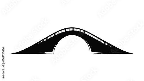 Black silhouette of arched bridge structure on white background, modern architecture design element, engineering icon, urban landscape feature