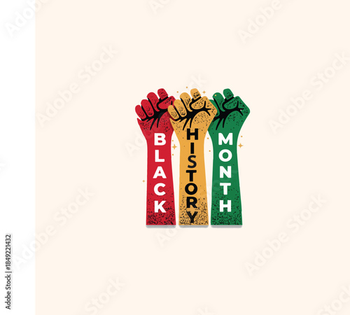 Raised fists in red yellow green banners forming black history month design symbolizing unity and cultural pride