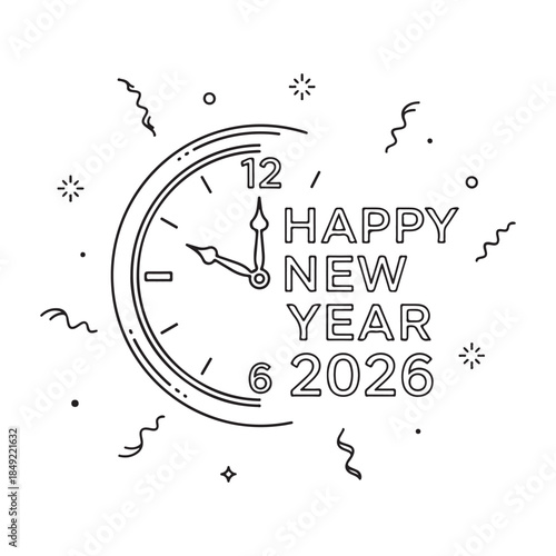 Line Art Happy New Year 2026 Countdown Clock Celebration Icon