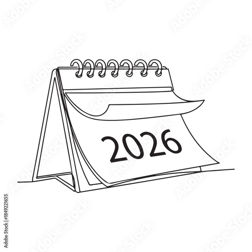 Continuous Line Drawing Desk Calendar with Year 2026 on White Background