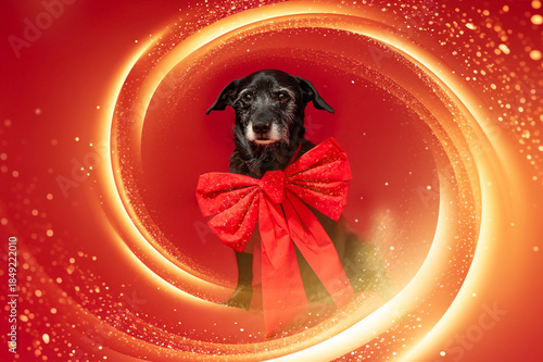 Christmas portrait of a dog with a red background.