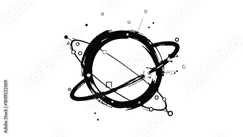 Modern abstract astronomy background with planet rings and orbiting celestial bodies in black and white