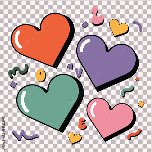 Colorful Hand Drawn Heart Shapes Vector Set with Bold Outline and Abstract Elements