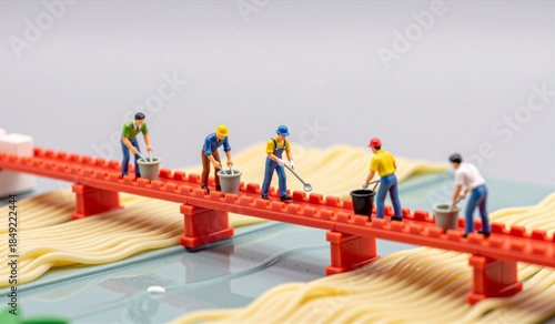 Wallpaper Mural Miniature construction workers building a colorful bridge over a pasta landscape during a creative art project Torontodigital.ca