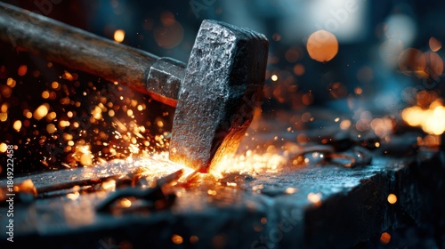 Hot metal being forged by a hammer