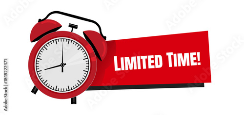 Limited time! - red sticker, label and badge with alarm clock, vector icon