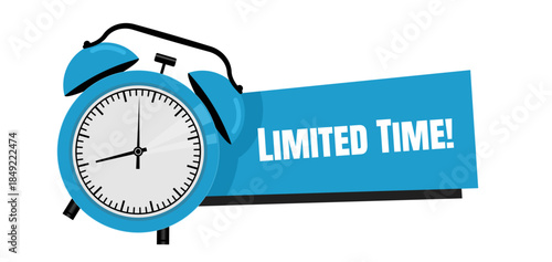 Limited time! - blue sticker, label and badge with alarm clock, vector icon