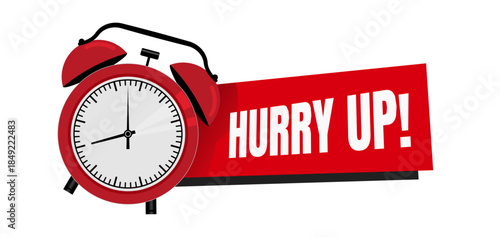 Hurry up, red banner with alarm clock. Vector illustration