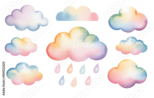 Dreamy rainbow cloud nursery watercolor elements for kids birthday party invitations.