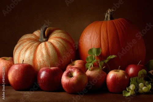Colorful arrangement of pumpkins and apples for autumn decoration and harvest celebrations in a cozy indoor setting