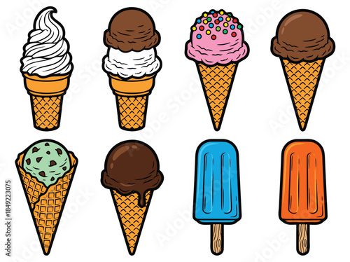 Collection of delicious ice cream cones and popsicles.