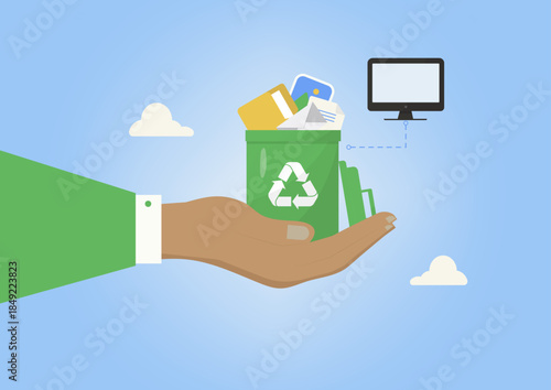 Hand holding recycling bin filled with digital files, folders, and images connected to computer. Digital waste management, data recycling, and environmental sustainability. Vector illustration