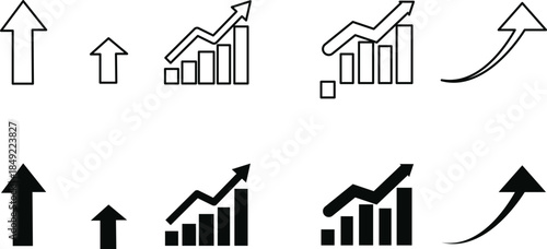 Various upward trending arrow and graph icon representations displayed