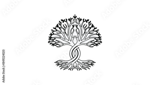 Intricate tree illustration with intertwined roots and branches, symbolizing growth and harmony in nature, decorative artistic design element