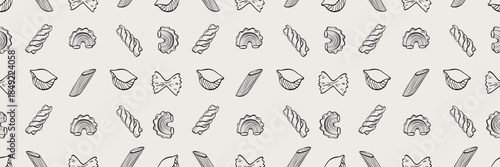 Hand-drawn pasta pattern with fusilli, farfalle, rigatoni, shells, and spiral shapes in a Mediterranean mood. Ideal for food packaging, recipe graphics, and repeat textile designs