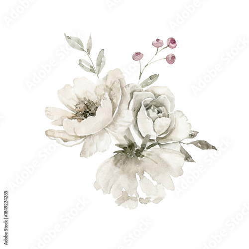 Loose watercolor illustration of off white roses with delicate green leaves and small pink buds. Perfect for wedding invitation, greeting card, packaging, feminine branding, or spring event stationery