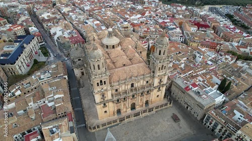 Drone Close-Up of Jaen Cathedral Towers and Detailed Front Facade, Spain