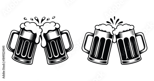 Two Frothy Beer, Clinking in Festive Cheers, Vintage beer mugs clinking together in a toast or celebration, Beer mugs clinking together, linocut or woodcut style, suitable for use as icons or clip art