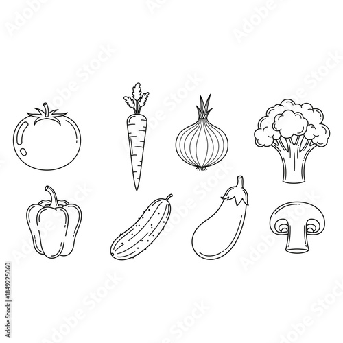 A set of vegetable line drawings including tomato, carrot, onion, broccoli, pepper, zucchini, eggplant, and mushroom