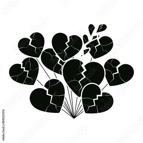 A bouquet of broken hearts in black silhouette on