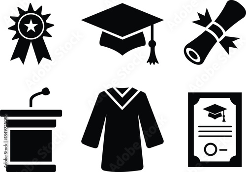 A collection of black silhouette icons elements of graduation set against a white background.