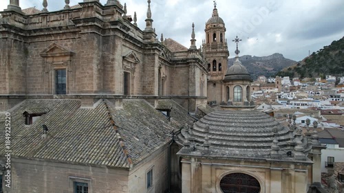 Drone Close-Up of Jaen Cathedral Towers and Detailed Front Facade, Spain