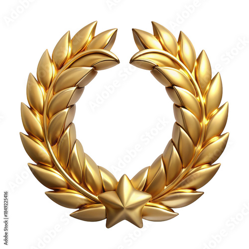 Very shiny golden laurel wreath with star award symbol of victory and achievement isolated on transparent background
