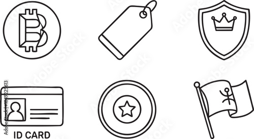 Bitcoin logo I D card tag shield star and flag icons in black outline on white cryptocurrency currency