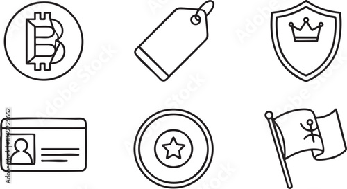 Bitcoin symbol tag shield badge star and flag icons in outline style cryptocurrency digital