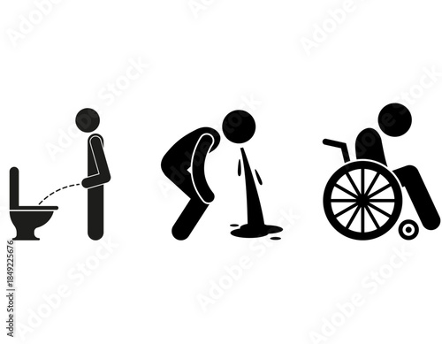 Three black stick figures depicting urination, vomiting, and a person in a wheelchair, isolated on a white background.
