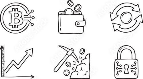 Bitcoin symbol wallet graph refresh cycle pickaxe mining lock icons hand drawn cryptocurrency digital
