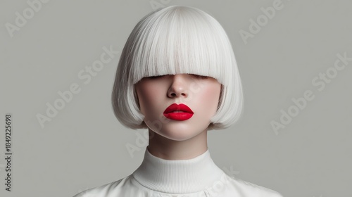 Beauty Woman with Red lips and White Color Hair. Blondy Hair, Hairstyle. Beautiful female face with bright make-up, closeup. Colour trend of 2026. Cloud Dancer Color Pantone 11-4201