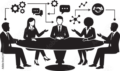 Black silhouettes of diverse business people in meeting around oval table with icons representing communication and strategy