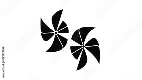 Black pinwheels spinning on white background, simple modern graphic design elements, abstract windmill shapes