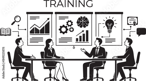 Business meeting with charts brain lightbulb and book icons above people at table chairs