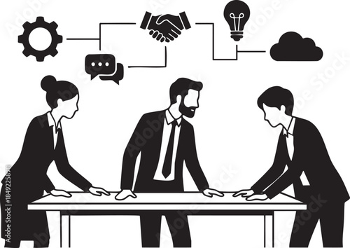 Business meeting with handshake lightbulb gear and cloud icons above table idea