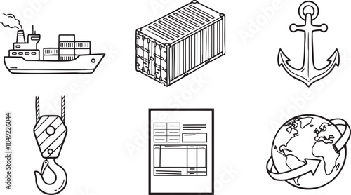 Cargo ship container anchor crane invoice and global shipping arrow icons freight transport