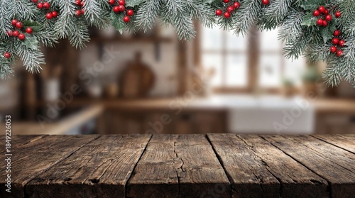 Empty Rustic Wooden Table with Festive Christmas Garland Border and Blurred Kitchen Background for Product Placement and Copy Space