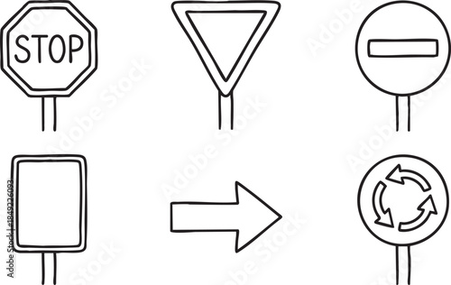 Collection of hand drawn traffic signs and directional arrows on white background stop yield