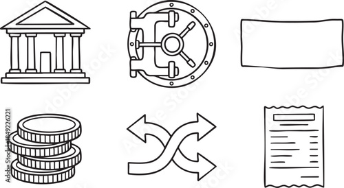 Hand drawn bank building vault door coins money bill arrows and receipt icons vector