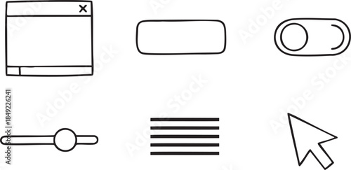 Hand drawn black and white icons for user interface elements including window close button toggle slider and cursor