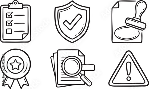Hand drawn checklist shield stamp award magnifying glass and warning sign icons clipboard checkmark