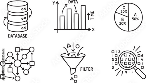 Hand drawn icons depicting database bar chart pie chart network filter and magnifying glass storage