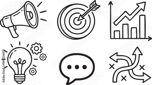 Hand drawn icons for business strategy planning and communication concepts vector