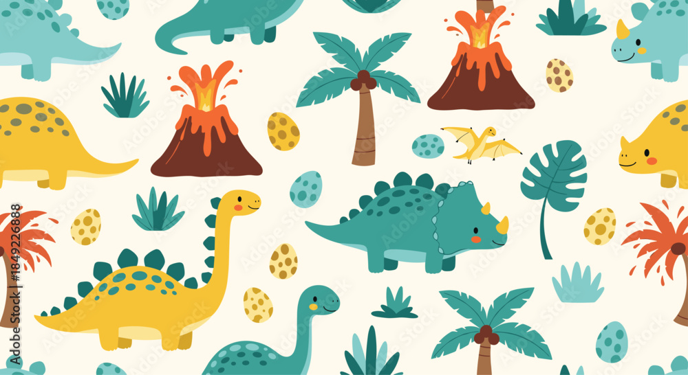Obraz premium Detailed seamless pattern showing various dinosaur species with hatching eggs, active volcanoes, and tropical jungle plants for kids.