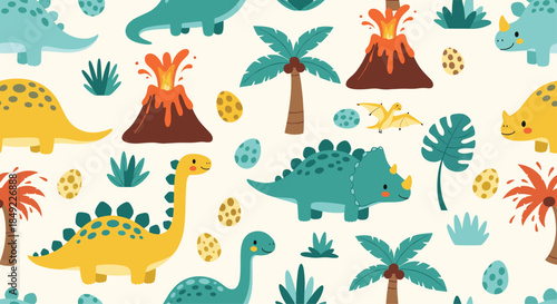 Detailed seamless pattern showing various dinosaur species with hatching eggs, active volcanoes, and tropical jungle plants for kids.