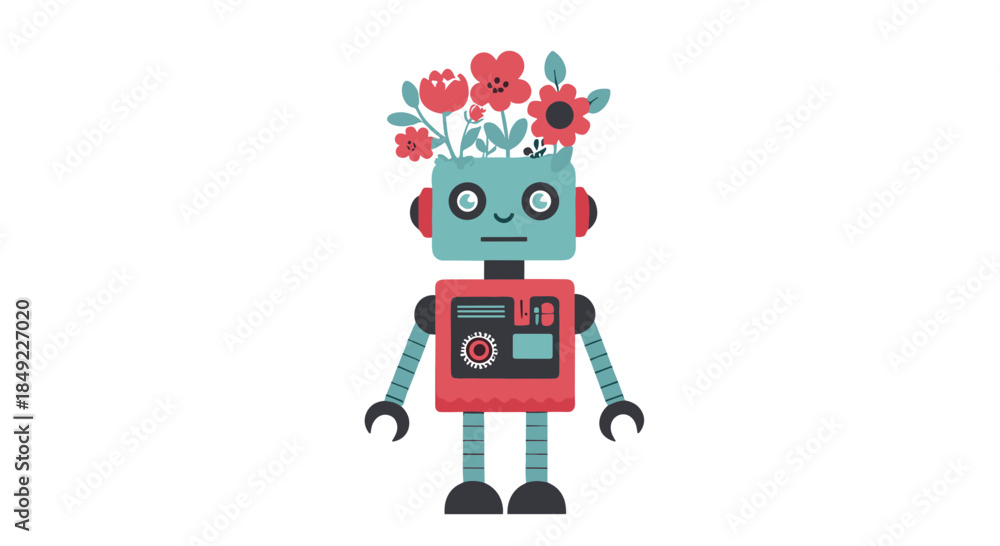Naklejka premium Small blue robot character with a red chest and colorful flowers growing out of its head on a white background.