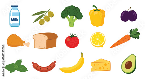 Large grid of common food items including milk, bread, chicken, vegetables, and fruits for grocery shopping and diet themes.
